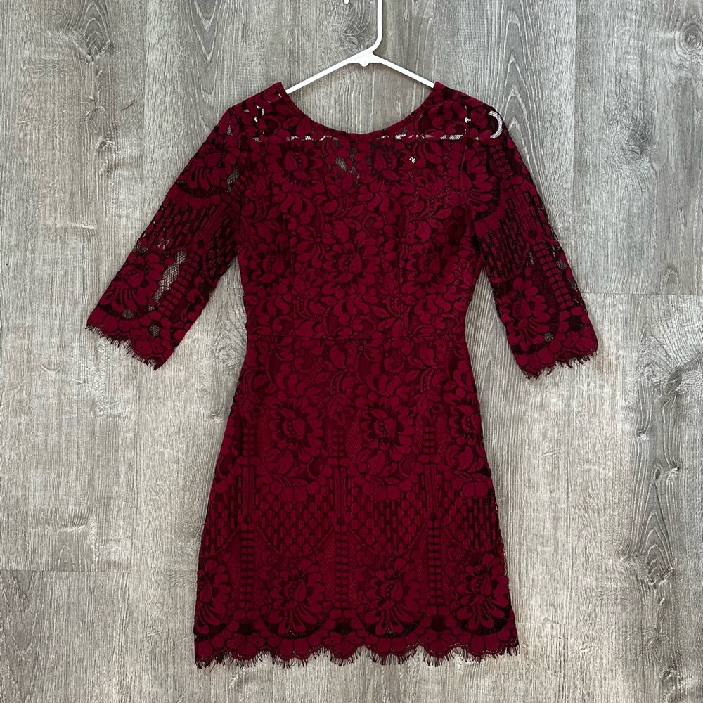 MSLG Elegant Burgundy Round‎ Neck Party Cocktail Knee Length Bodycon Lace Dress